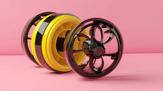 粉红色背景下的 3d 黄色和黑色陀螺仪