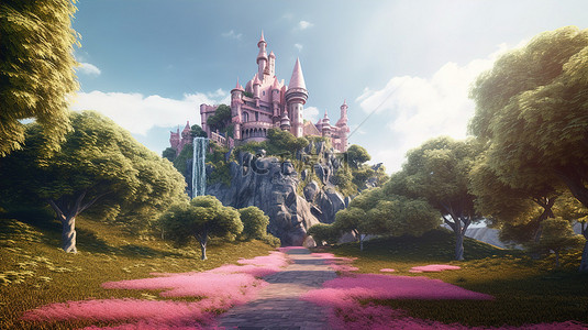 中世纪装饰背景图片_一座雄伟的城堡，位于青翠的山顶上，周围环绕着树木，装饰着粉红色的王冠，可通过蜿蜒的道路到达令人惊叹的 3D 插图
