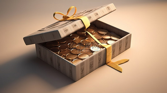 圣诞优惠券背景图片_折扣和交易打开的礼品盒，里面有 3D 渲染的优惠券和硬币
