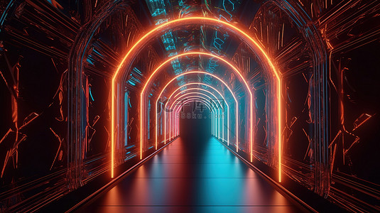 数字杰作一条未来派隧道，带有抽象装饰和充满活力的 4k 超高清 3d 霓虹灯