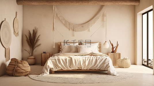 斯堪的纳维亚风格的波西米亚农舍卧室，采用中性米色 3D 渲染