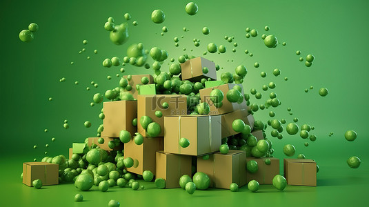 绿色背景上的浮动包 3D 渲染插图