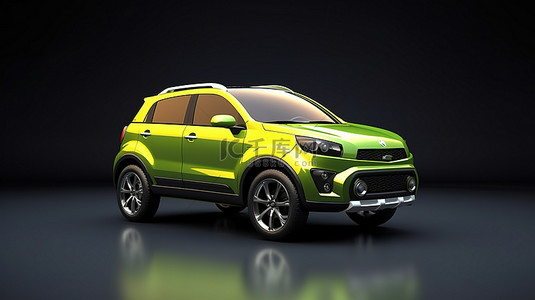 运动型绿色紧凑型 SUV 的 3D 渲染插图