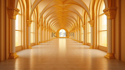 金色的室内拱门令人惊叹的 3D 渲染画廊