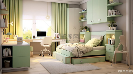 现代浅绿色和白色青少年卧室，配有床落地灯和工作站 3D 渲染