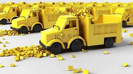 儿童行业背景图片_白色背景，带有可爱儿童模型汽车的 3D 插图，具有充满活力的黄色卡车和自卸卡车图案