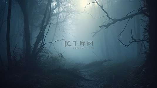 迷人的黑暗森林，有薄雾和辐射边框 3D 插图