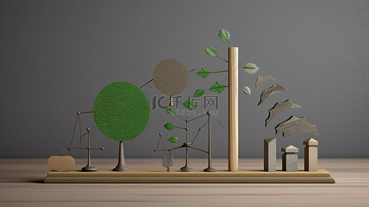 灰色木质背景上生态友好图标的环境和谐的 3D 插图