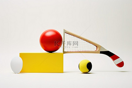 白色桌面上设置的网球拍和网球