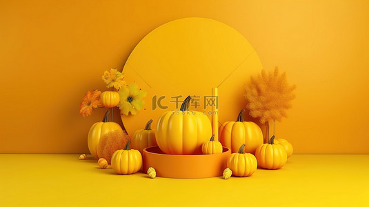 3D 秋季主题产品展示讲台架，以霓虹黄色南瓜为特色，适合秋季和万圣节顶视图
