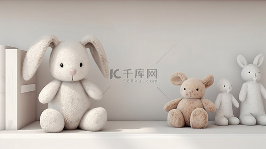 白色架子上展示 3D 渲染的毛绒小兔子和泰迪熊插图