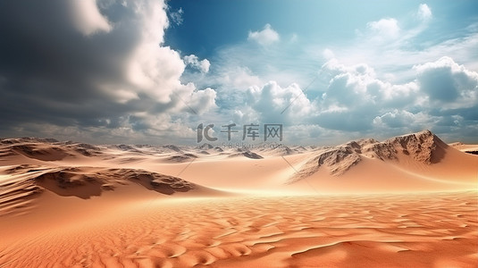 戏剧性的幻想沙漠景观与沙尘暴沙丘和云彩 3D 插图中的荒凉景象
