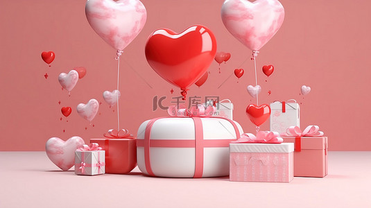 520中秋情人节框背景图片_充满爱的情人节产品展示，以心形气球和 3D 礼品盒为特色