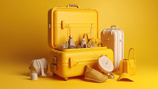 旅行必需品装在一个 3d 手提箱中，背景是充满活力的黄色