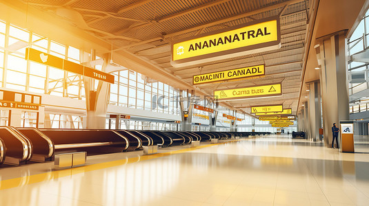 机场巴士或火车站内部国际到达区加拿大欢迎标志的 3D 渲染