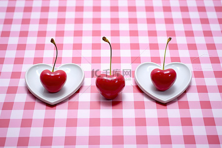 粉红色的心形樱桃与红色和白色的格子桌