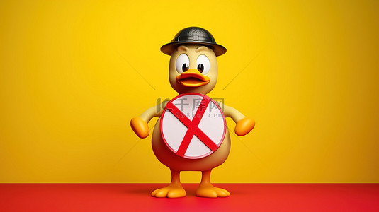 禁止标志背景图片_黄色背景 3d 渲染上带有红色禁止标志的可爱鸭吉祥物