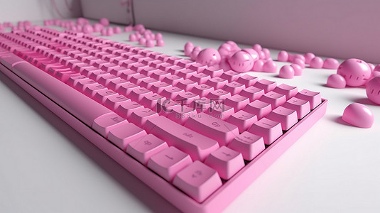 在白色地板上呈现的 3d 粉色键盘