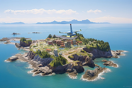 北码头背景图片_一架飞机飞越清澈的水面上的城镇和岛屿
