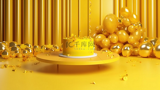 彩点背景背景图片_金色五彩纸屑讲台展示带有黄色 3D 显示屏和金色线条的豪华周年纪念产品