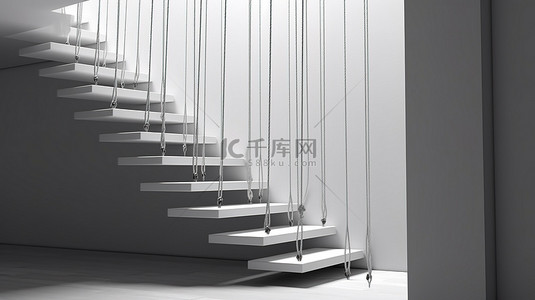 几何楼梯背景图片_由电缆支撑的悬浮 3D 楼梯