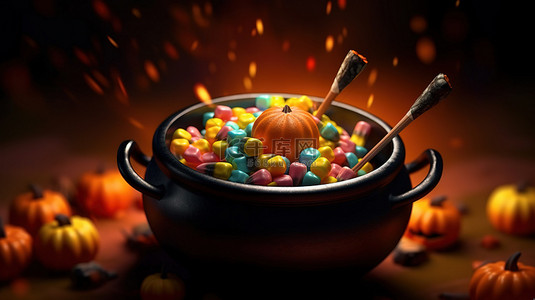 万圣节女巫在大锅里酿造糖果的 3D 插图