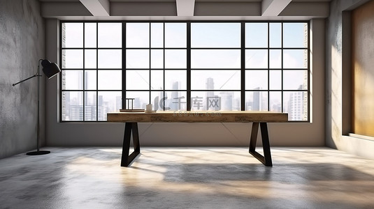 时尚的阁楼工作区，配有木桌混凝土地板和窗户 3D 渲染图像