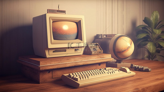 老式电脑设置木桌展示系统单元显示器键盘和鼠标以 3D 渲染