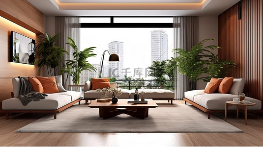 时尚而时尚的 3D 渲染现代客厅配有豪华沙发和别致的桌子