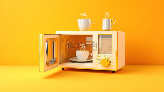 搅拌机和微波炉的黄色主题 3D 插图