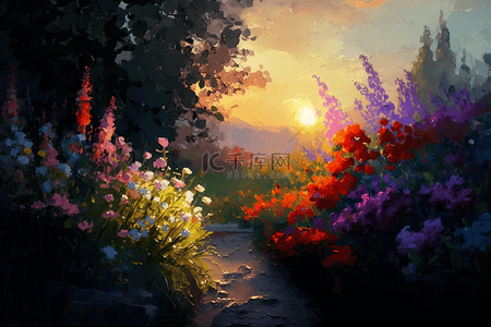 花朵太阳远山油画风景