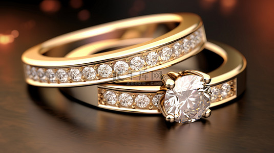 戒指首饰背景图片_订婚戒指和结婚戒指的黄金 3D 渲染