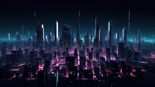 天空与城市背景图片_充满活力的城市夜景 3D 渲染的高楼林立的大都市与黑暗的城市景观