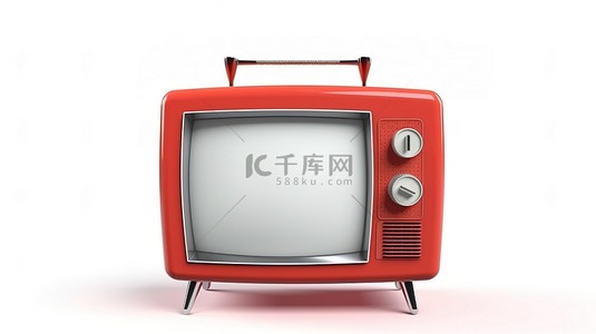 电视机天线背景图片_白色背景 3d 渲染上带天线的老式红色电视