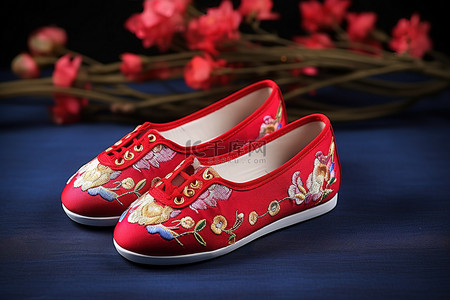 小红书黑板报背景背景图片_带有中国舞者设计的小红鞋
