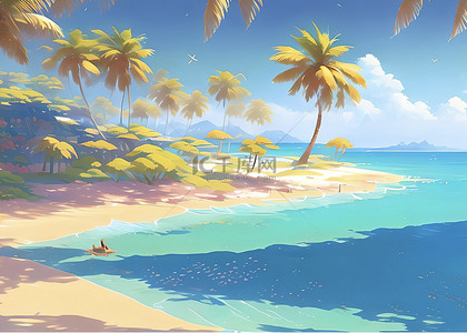 桉树卡通背景图片_海滩礁石椰子树