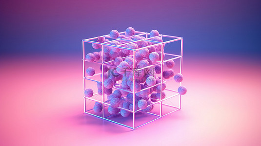 粉红色背景上蓝色原子线框立方体的创新数据可视化 3D 渲染