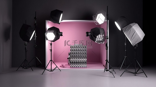 摄影粉色背景图片_现代 3D 摄影工作室，配有银色粉色和紫色的时尚讲台照明设备