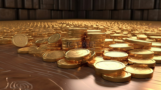 3D 渲染中财富金条和钱币的插图描绘了繁荣储蓄和投资