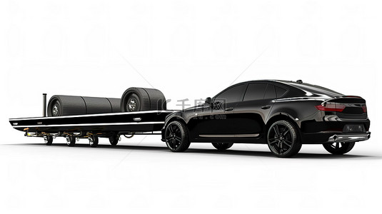白色背景的 3D 渲染，带有黑色卡车和用于运输赛艇的拖车
