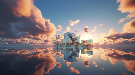 云建筑和现代玻璃建筑的抽象未来景观日落反射 3D