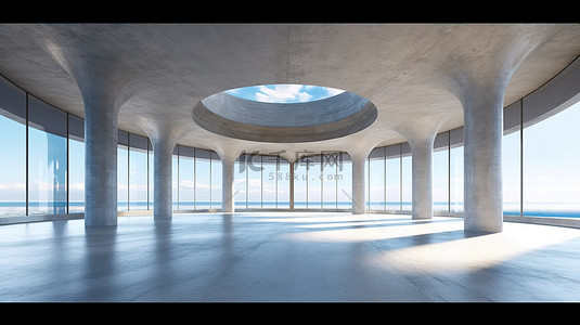 现代建筑设计的 3D 渲染项目是一个宽敞的混凝土大厅，从独特的角度来看，有令人惊叹的蓝天背景