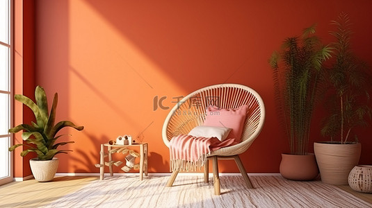 温暖而诱人的沿海波西米亚风格内饰，配有舒适的椅子和充满活力的 3D 橙色墙壁
