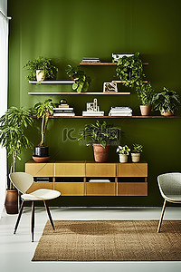 盆栽植物植物背景图片_配有木制家具和盆栽植物的绿色墙壁