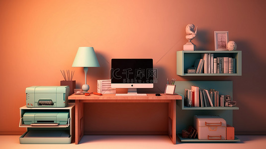配备台灯电脑和打印机的家庭办公桌的 3D 渲染
