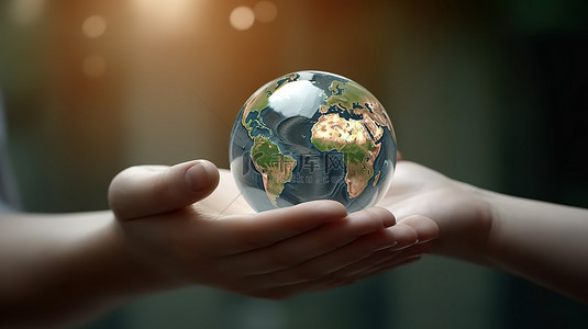 生态环境保护地球背景图片_将地球拯救在手掌中 3D 渲染概念