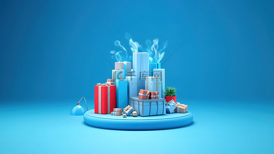购物袋样机背景图片_蓝色讲台的 3D 插图，具有电子商务概念，蓝色背景上带有购物袋和智能手机
