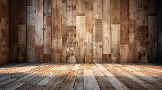 坚固的木质纹理墙壁和地板，用于产品植入 3D 渲染