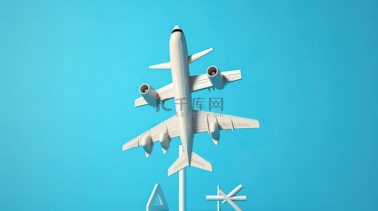 飞机在蓝天上空翱翔，而白色十字路口标志指示多个度假目的地 3D 渲染