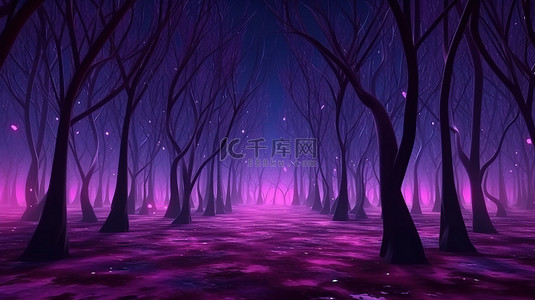 童话森林夜晚背景图片_魔法森林紫色色调照亮黑暗的树干 3d 渲染